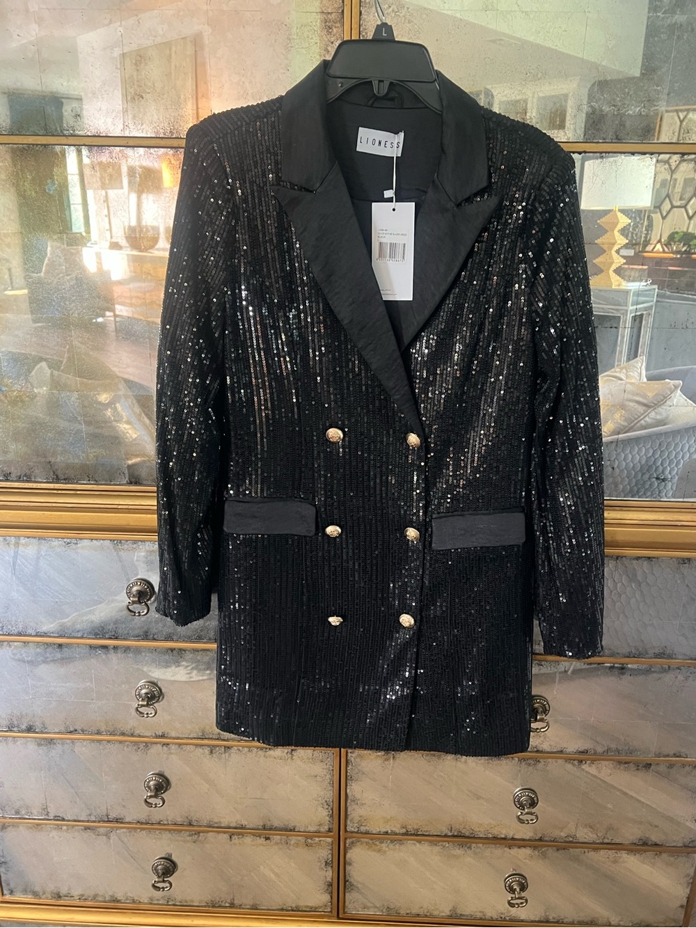 Lioness Dance with me Black Sequin Double-Breasted Blazer Dress w/Gold Buttons